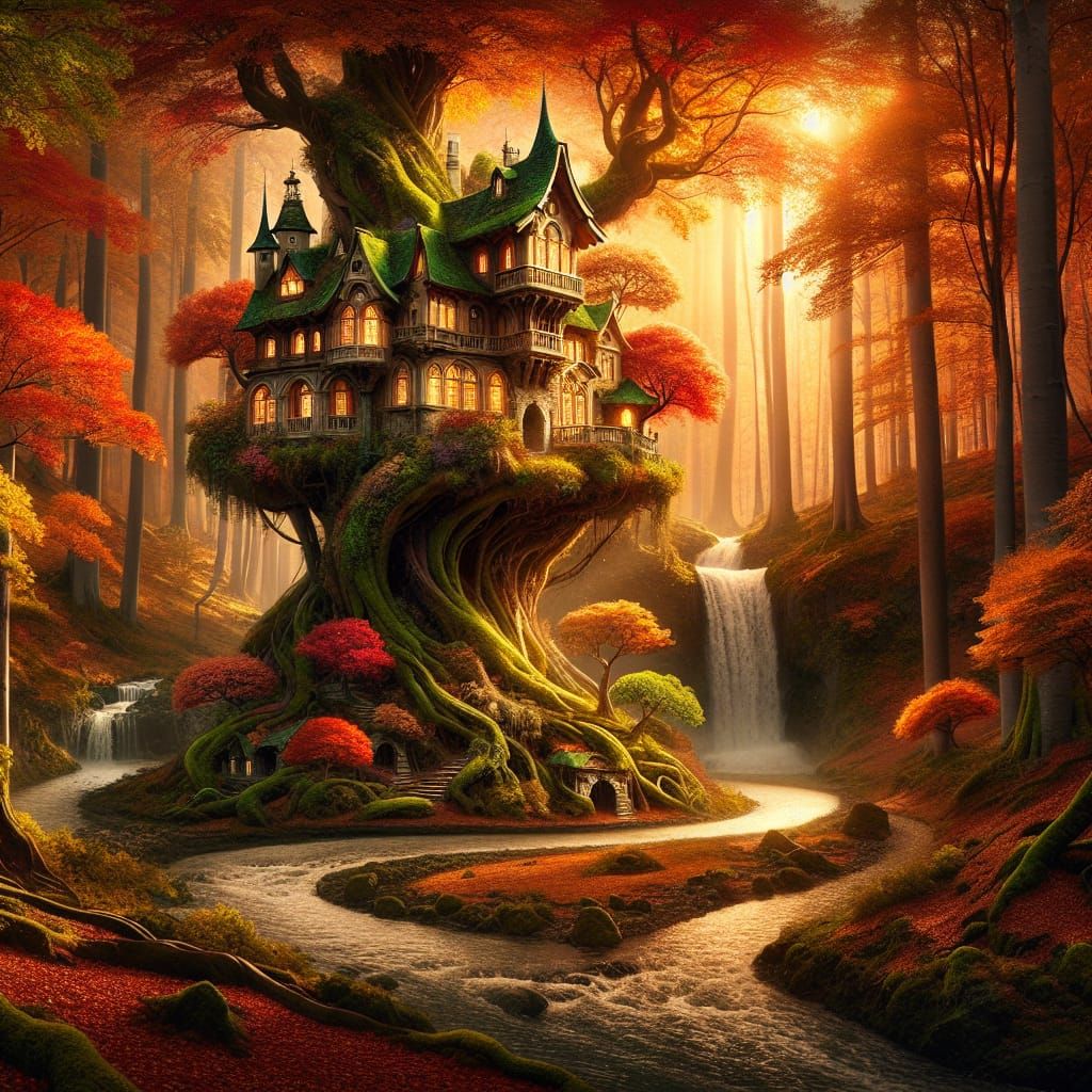 Grand Tree Mansion in Autumn Forest, Fantasy Concept Art