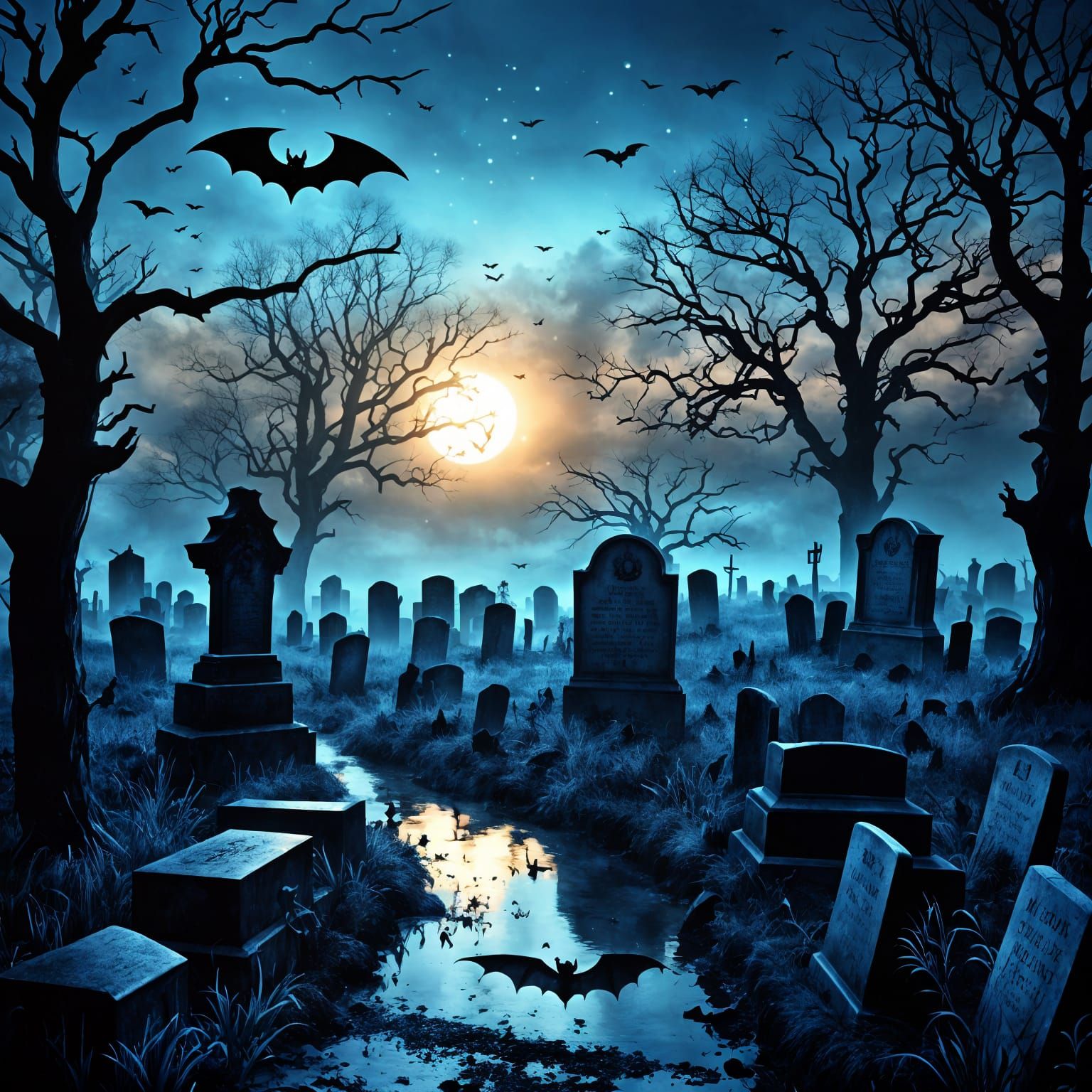 Eerie Blue Sepia Horror Sunset with Bats