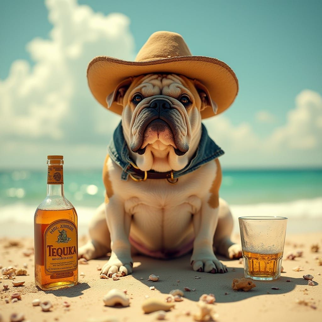Sun-Kissed Bulldog Sits Regally on Beach with Tequila and Co...