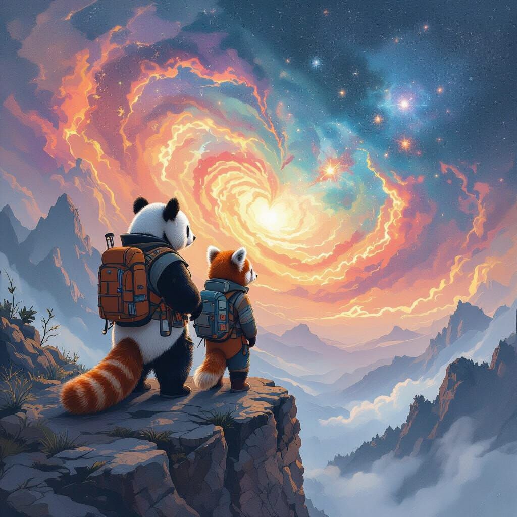 Panda and Red Panda Nebula Adventure as Digital Art