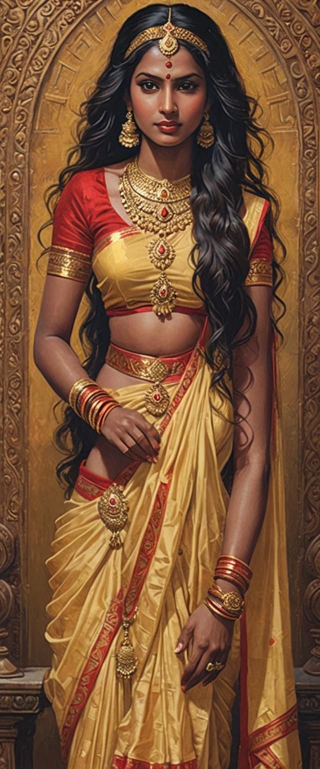 Hindi Woman in Red and Gold Sari Portrait