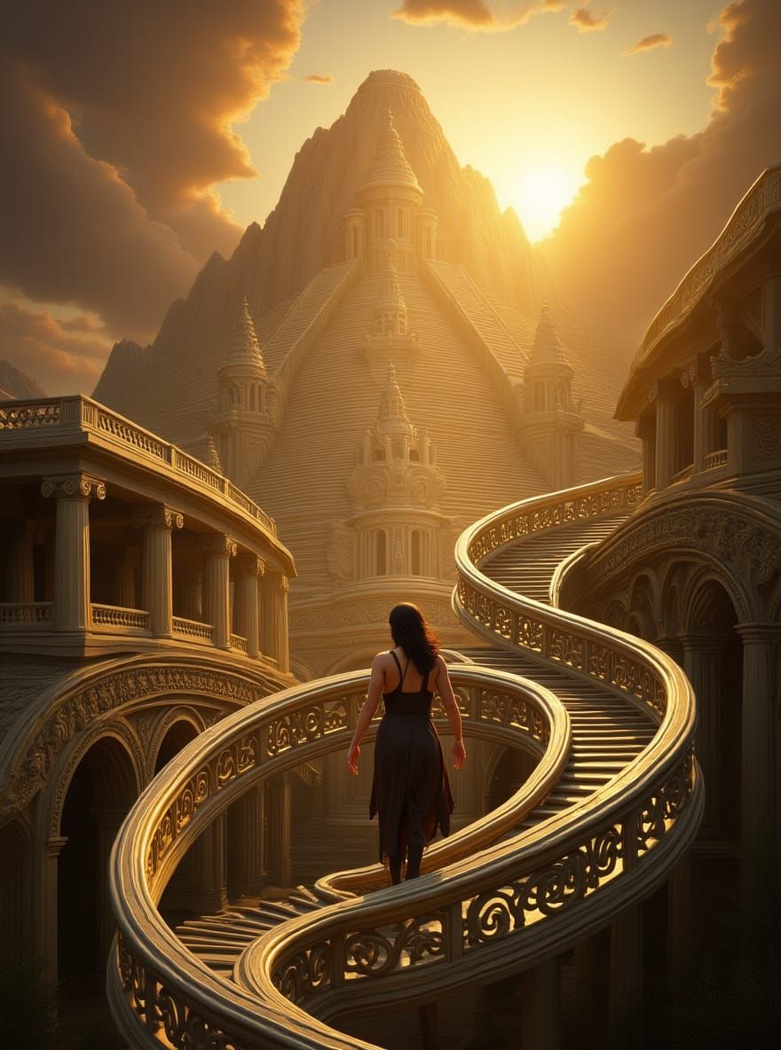 Woman Ascends to Olympus on Helix Staircase