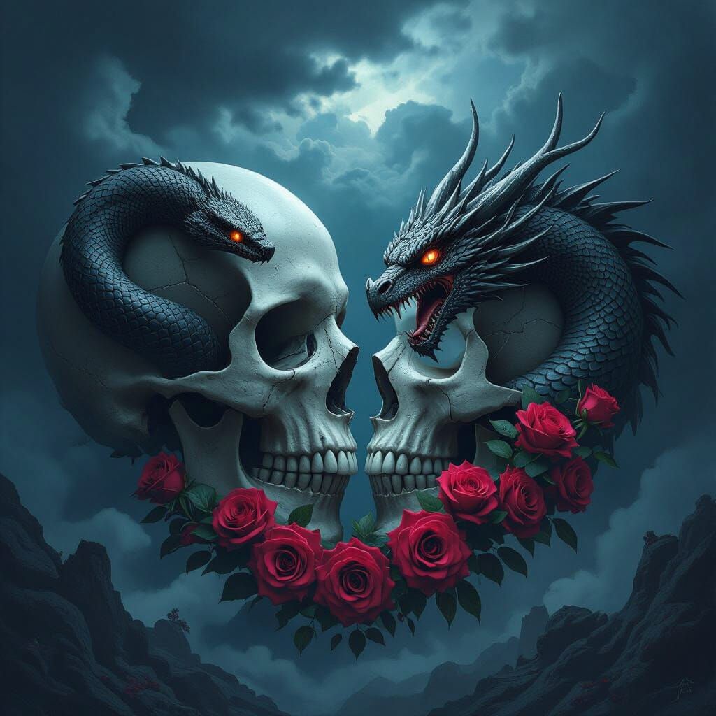 Skull with Serpent and Dragon Amidst Stormy Night