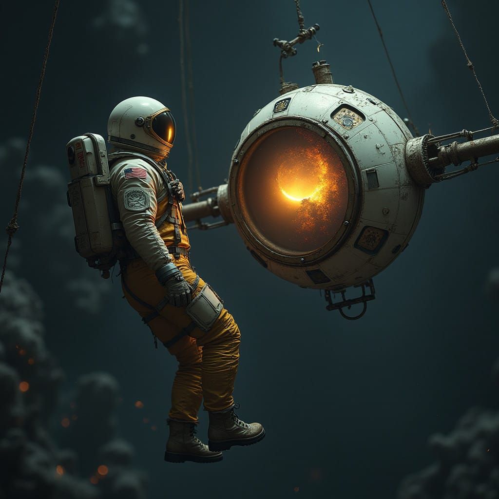 Astronaut Adrift Near Dying Satellite Nebiruit-7 in Futurist...