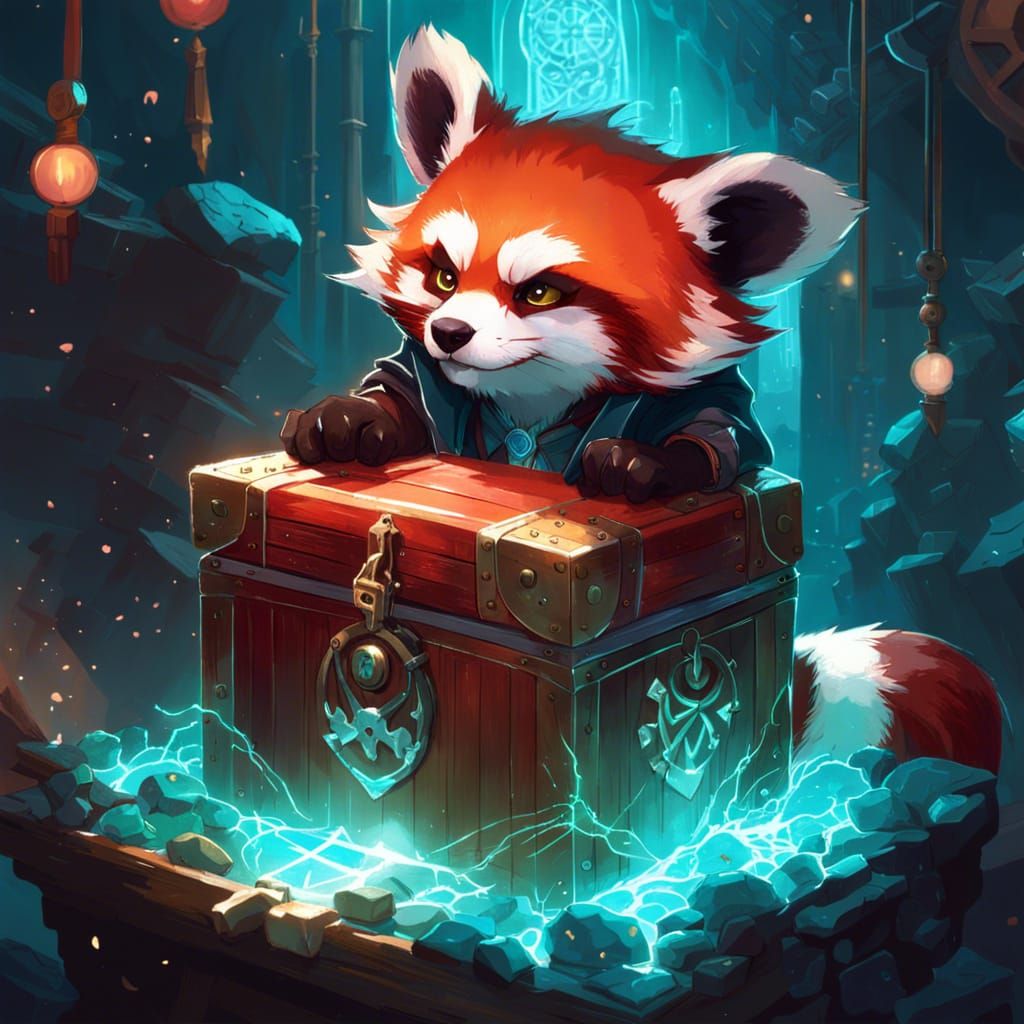 Red Panda Magician Finds Glowing Treasure: Fantasy Art