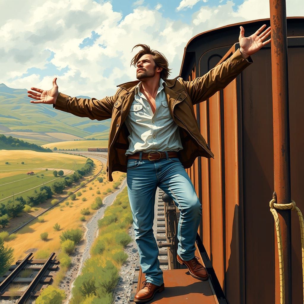 Dashing Free Spirit Embracing the Wind on a Rusty Train Wago...