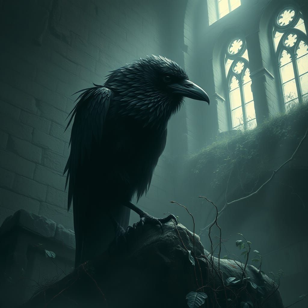 Raven in Abandoned Ruin, Gothic Romanticism Style