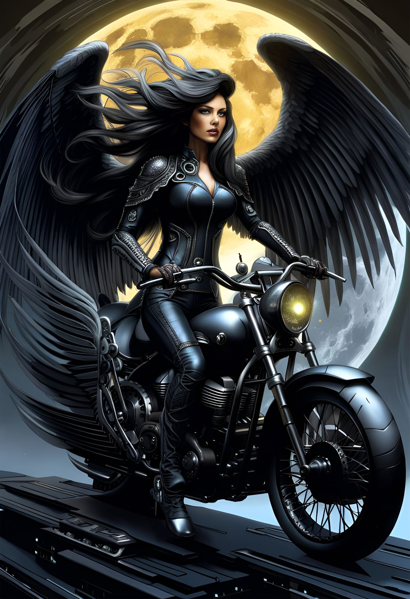 Ethereal Shadow Angel on Futuristic Motorcycle