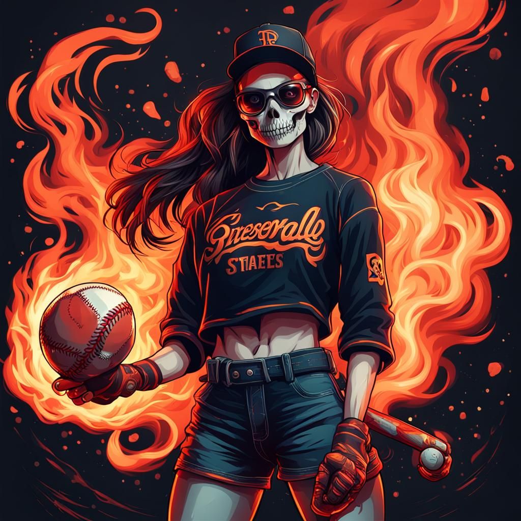 Baseball Player with Fiery Skull in Dark Aesthetic