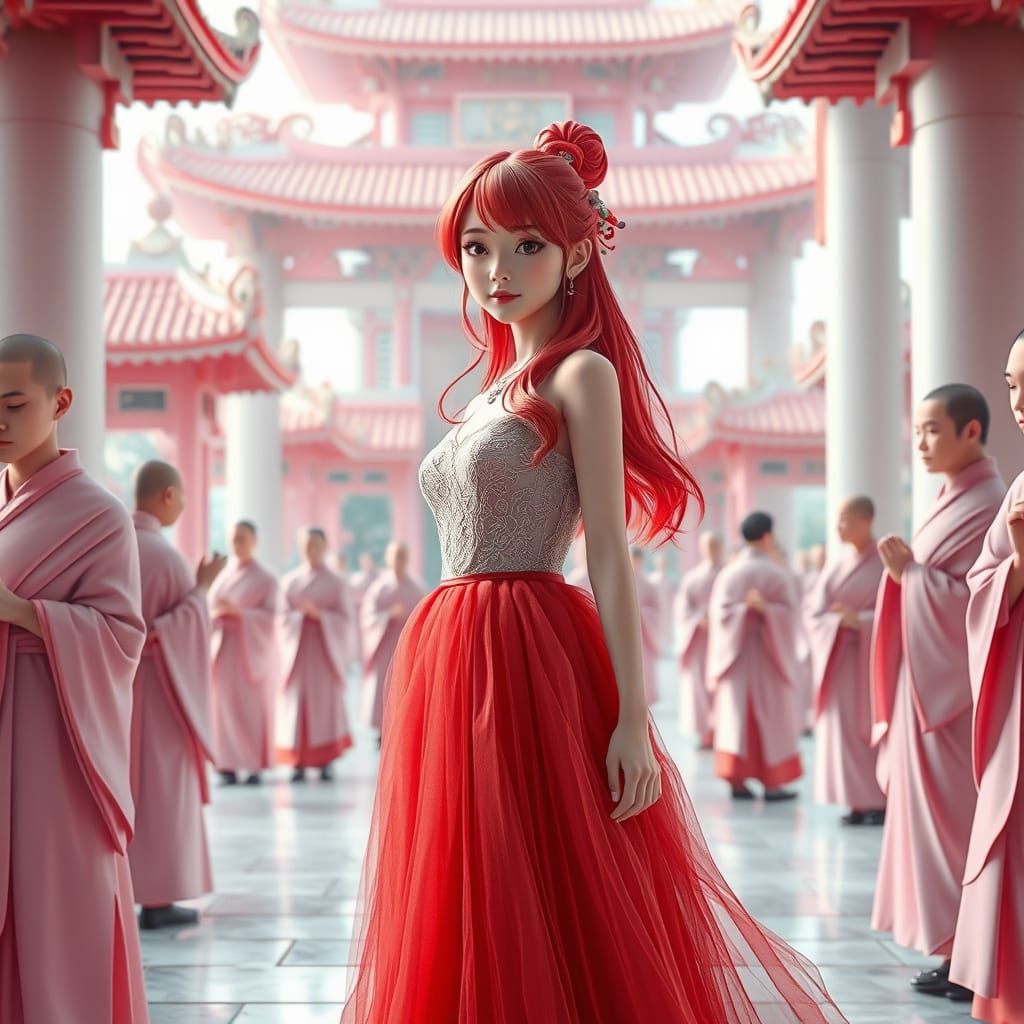 Anime Woman in Buddhist Temple, 3D Render