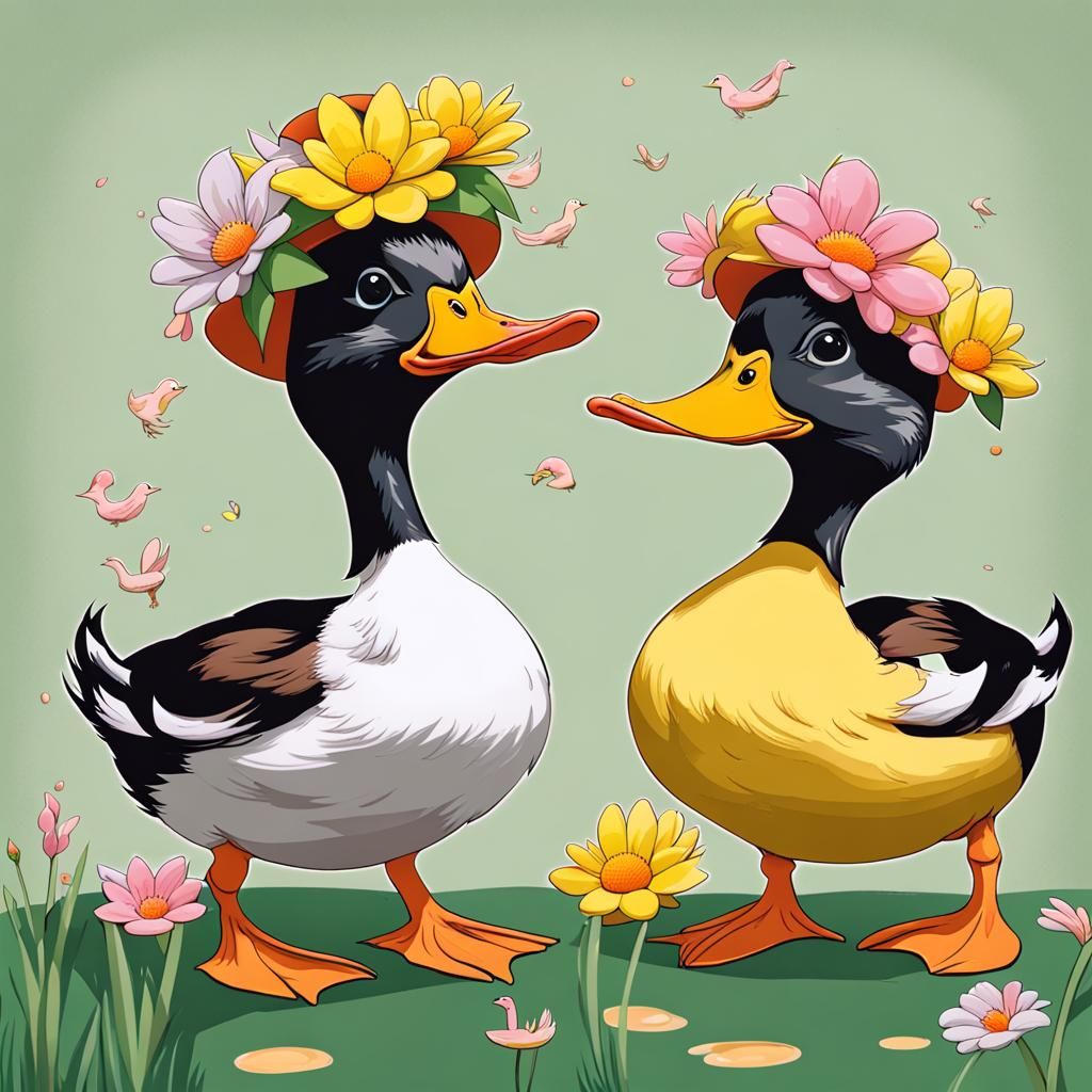 Ducks Adorned with Flower Hats