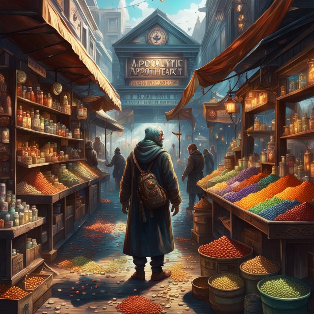 Apocalyptic Apothecary Market in Hyperrealistic Style