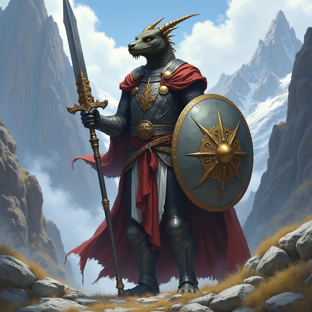 Dragonborn Cleric in Mountainous Fantasy Landscape