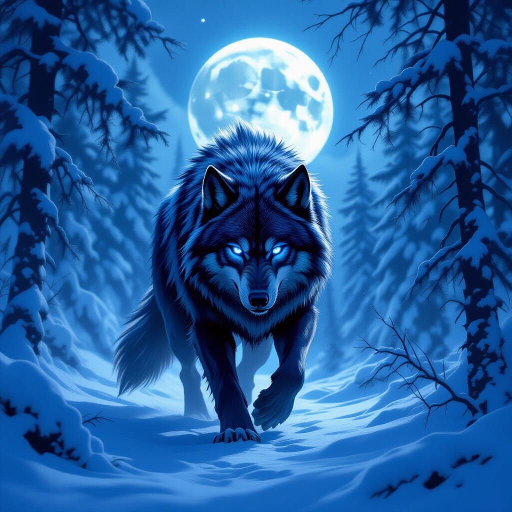Colossal Direwolf in Moonlit Snowy Forest