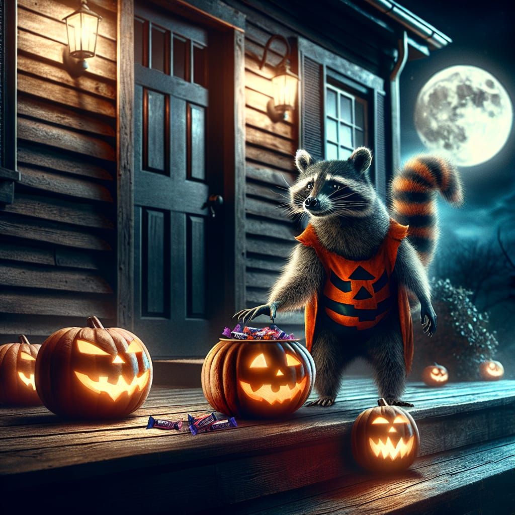 Raccoon Trick-or-Treating in Halloween Costume