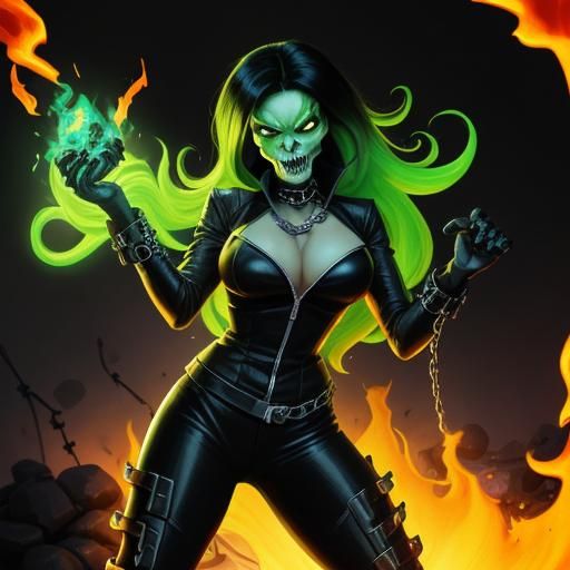 Shego as Ghost Rider with Flaming Skull