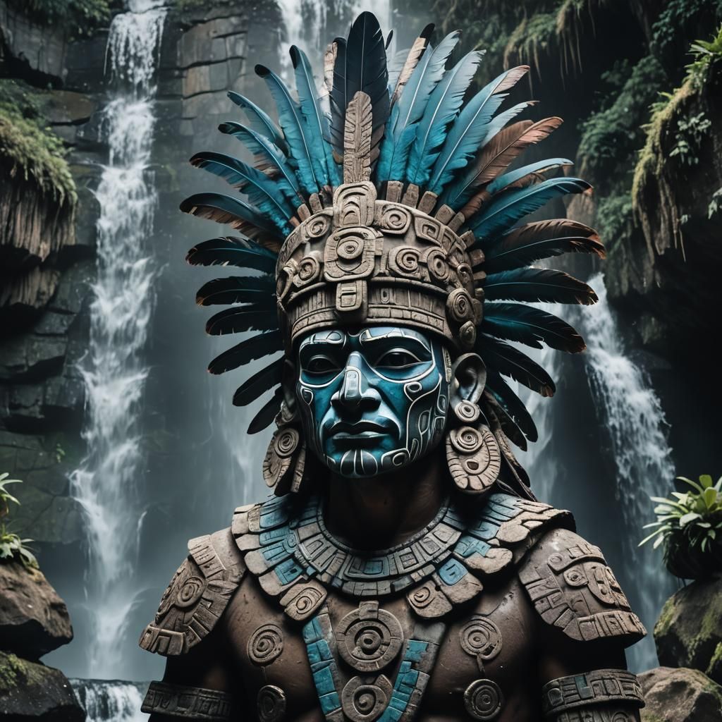 Aztec Rain God Tlaloc Portrait with Feather Headdress