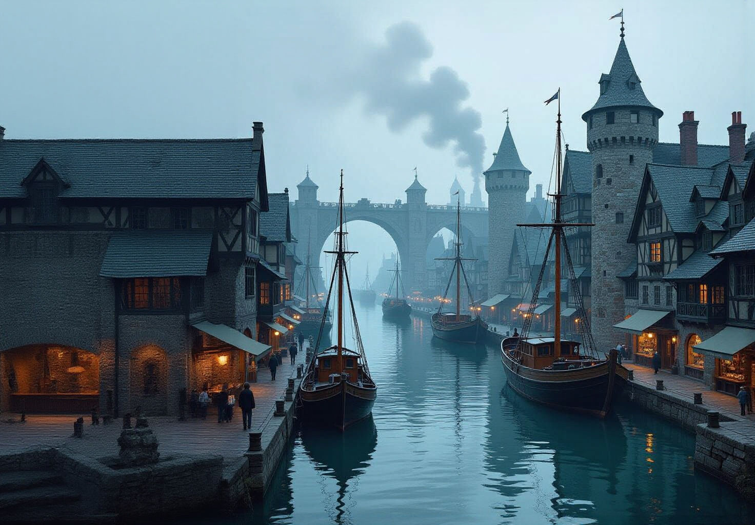 Avalonian River Port City in Retro-Futuristic Style