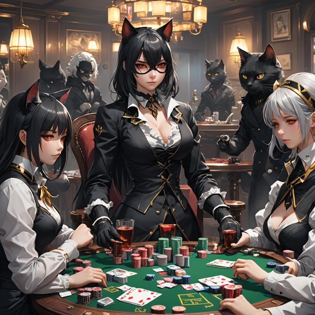 Black Cats Playing Poker in Anime Style