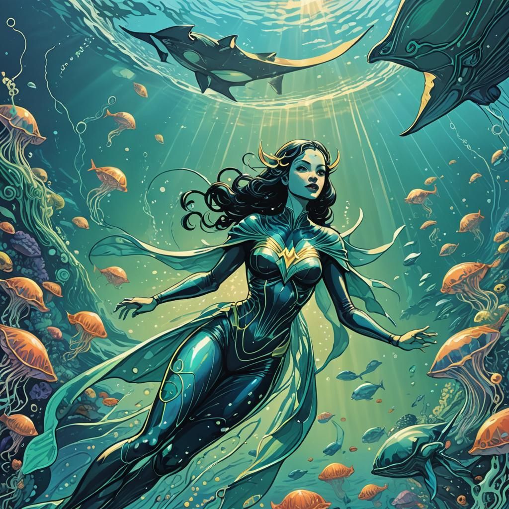 Retro Comic Woman with Manta Ray Wings