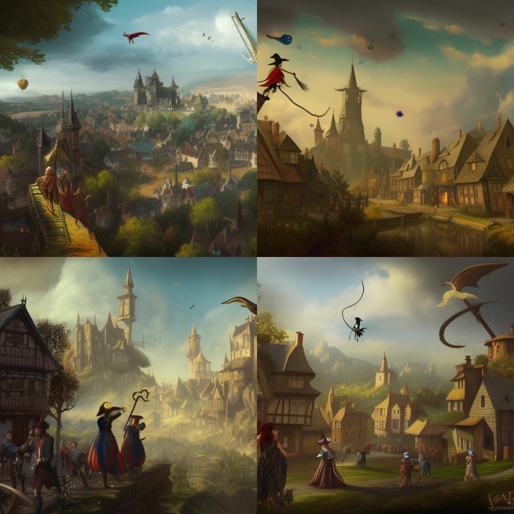 Witch Flies Over Village: Fantasy Concept Art