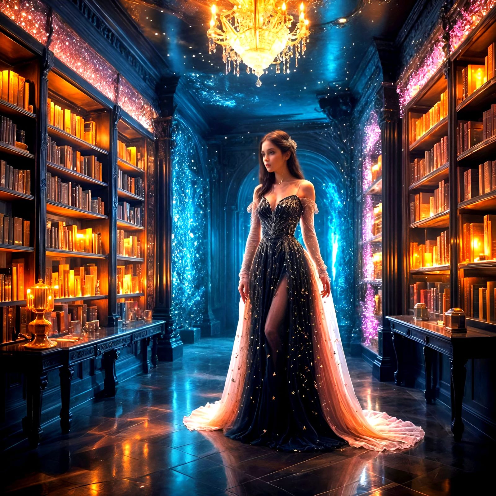 Ethereal Vampire Android in Bioluminescent Crystal Library