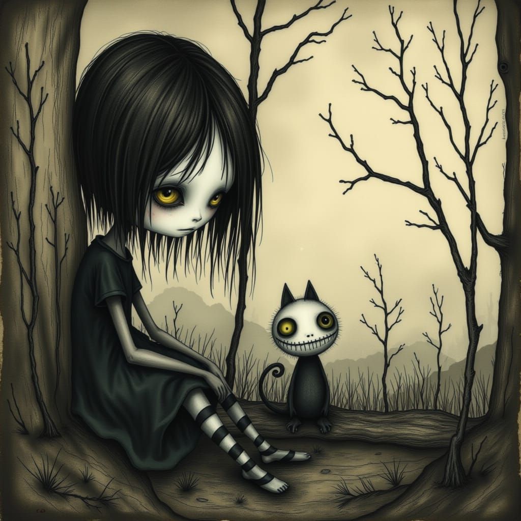 Melancholic Girl in Gothic Burtonesque Setting