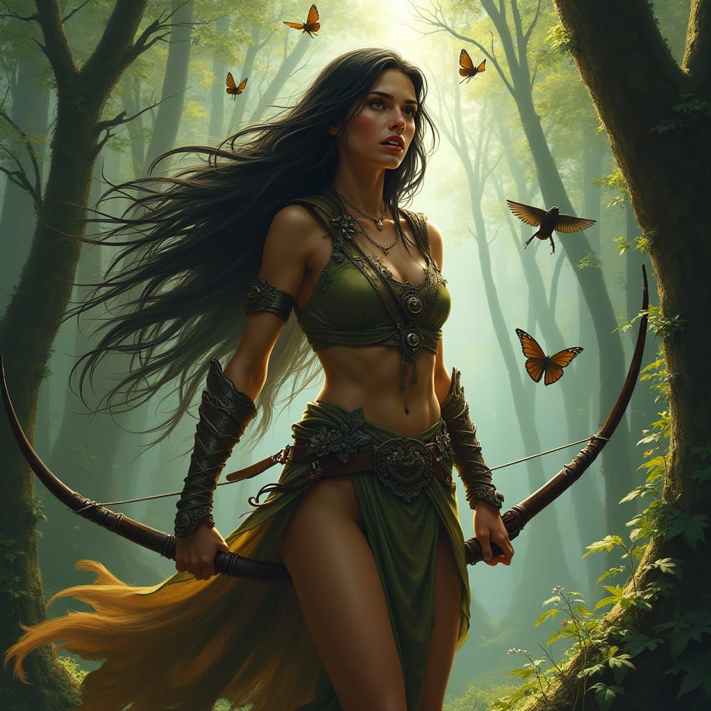 Elven Warrior in Mythical Forest, Ready for Battle