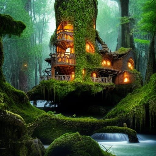 Beautiful Mossy Cottage in Forest with Waterfalls