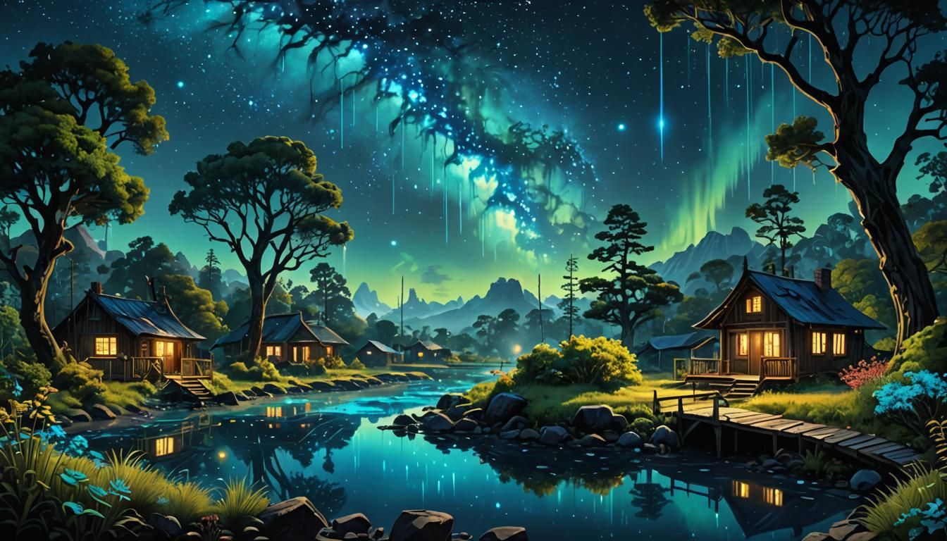 Bioluminescent Garden Under Cosmic Sky in Psychedelic Style