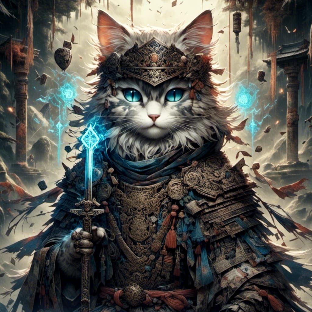 Armored Cat Wizard with Glowing Runes Portrait