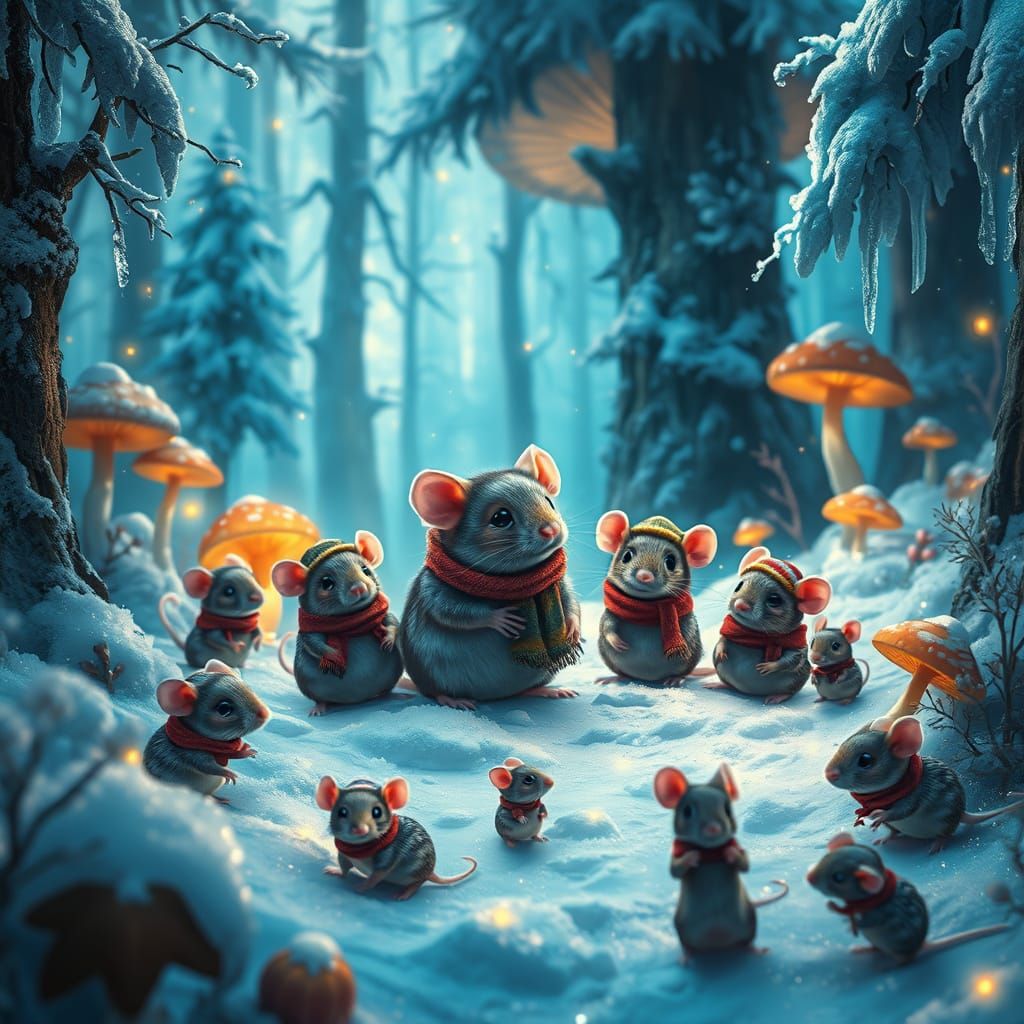 Fantastical Forest Scene with Adorable Baby Rats in Snowy Wo...