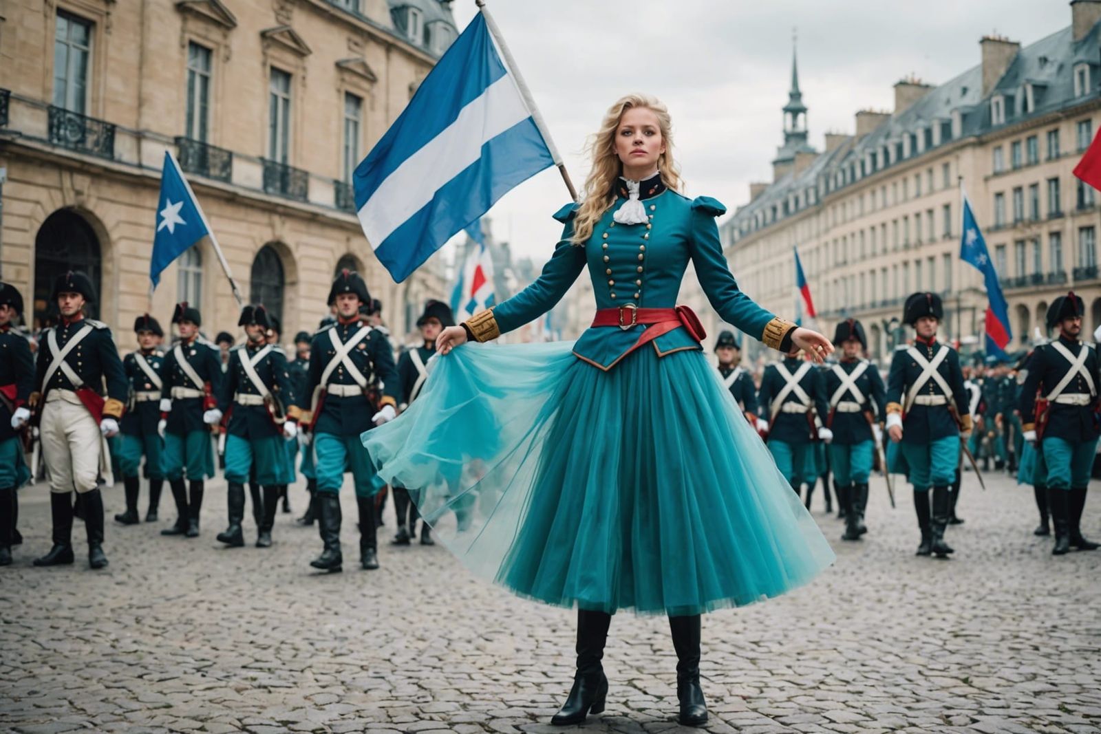 Rebellious Woman in Military Outfit on City Square