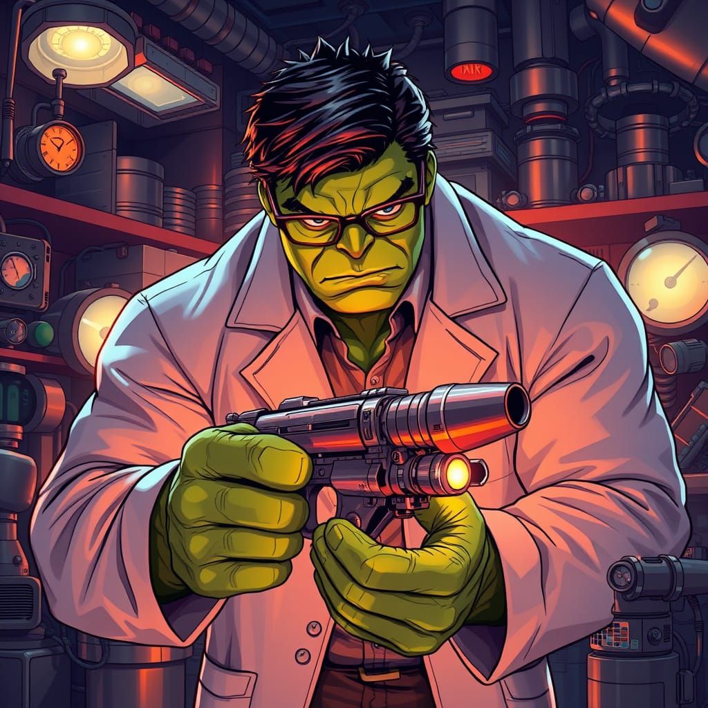 The Intelligent Hulk in a Lab Coat Examines a High-Tech Weap...