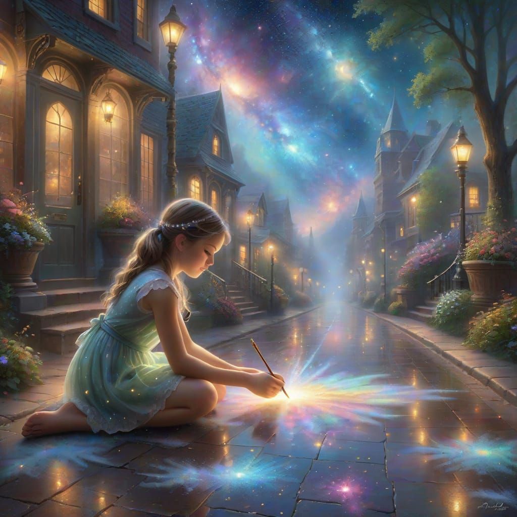 Girl Draws Universe on Sidewalk in Ethereal Fantasy Style