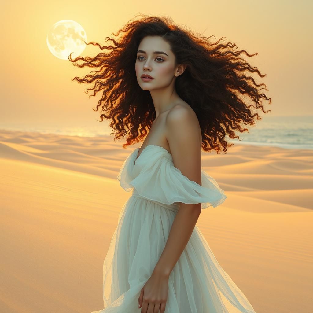 Dreamy Woman on Moonlit Beach in Romantic Style