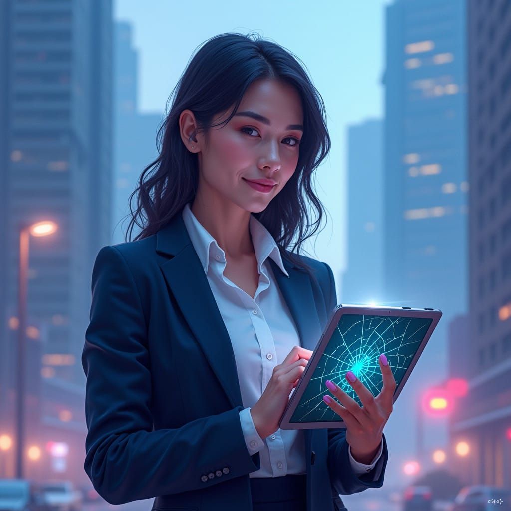 Woman in Futuristic Business Suit, Blending Tech and Industr...