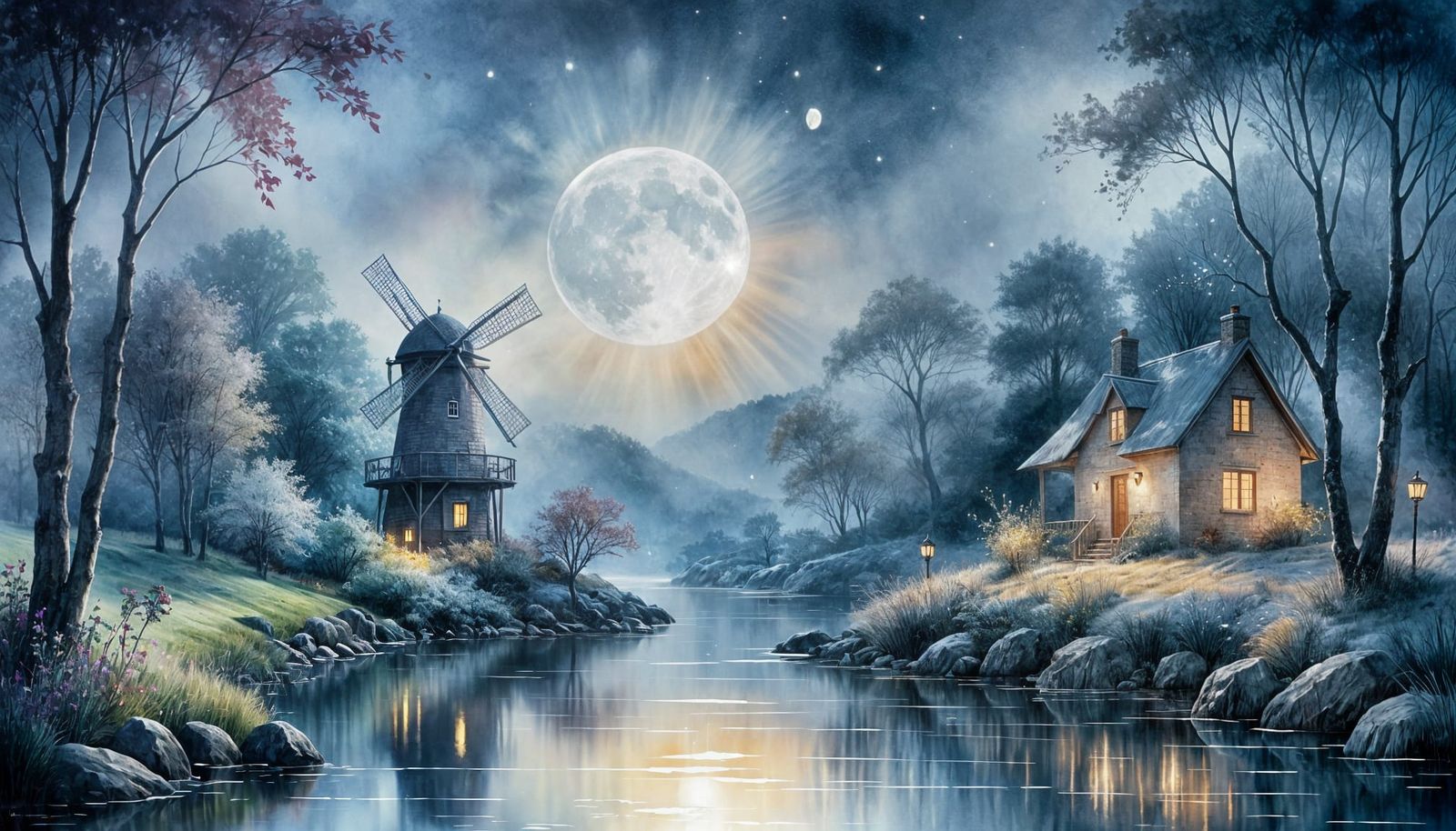Moonlit Cottage by Waterfall: Whimsical Watercolour