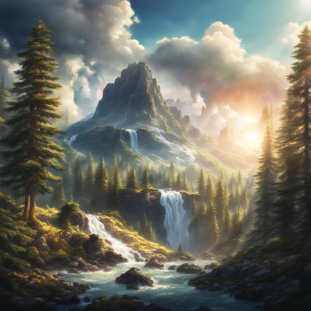 Epic Mountain Landscape with Waterfall: Digital Matte Painti...