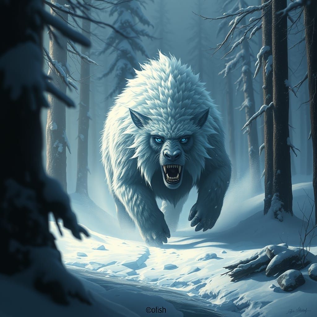 Winter Beast Roaming Snowy Forest in Digital Painting Style