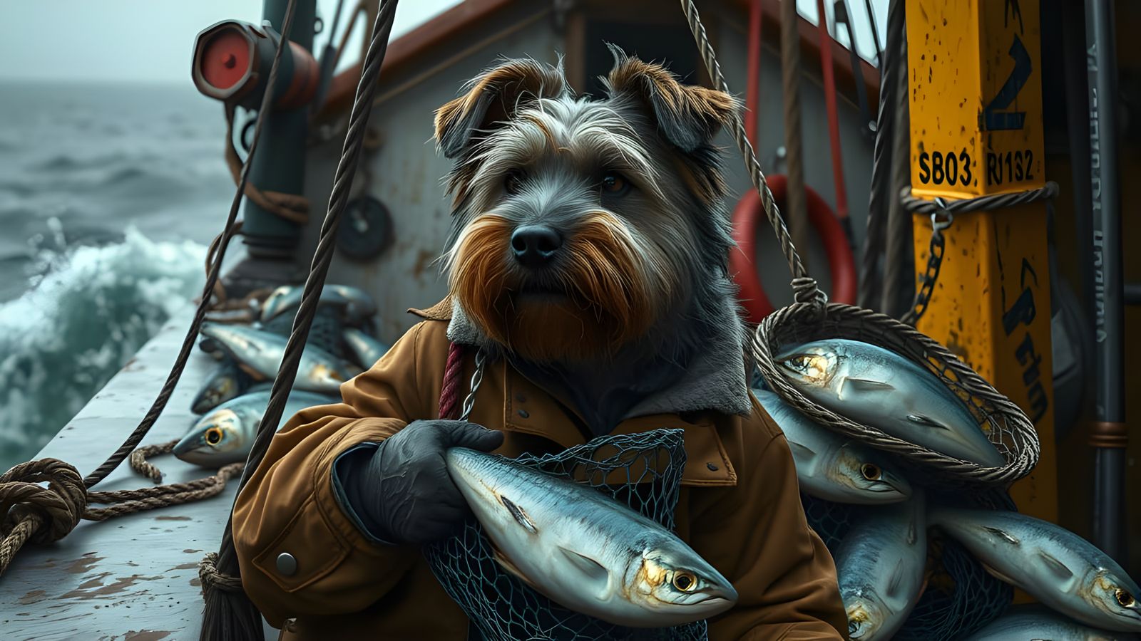 Irish Terrier Hauling Fish Net in Storm: Gritty Realism