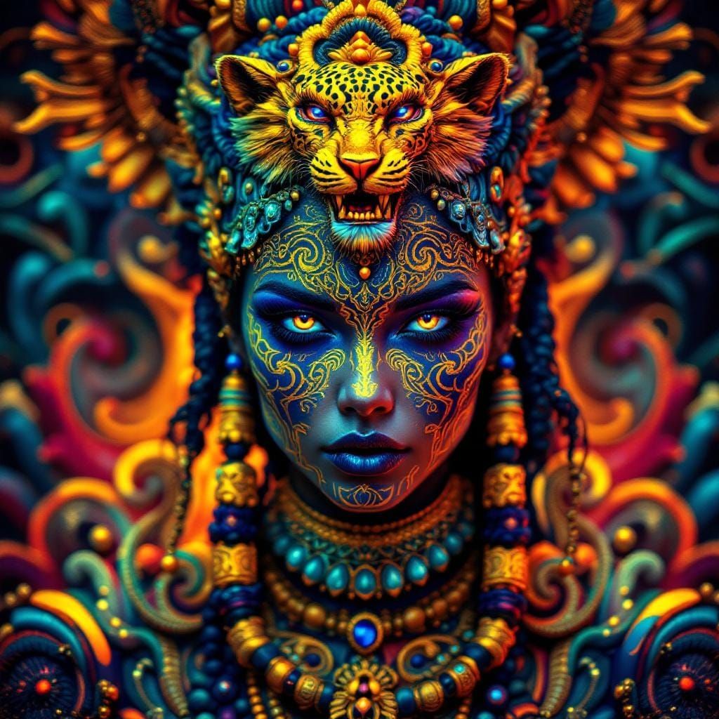 Aztec Mayan Goddess Portrait with Cosmic Backdrop