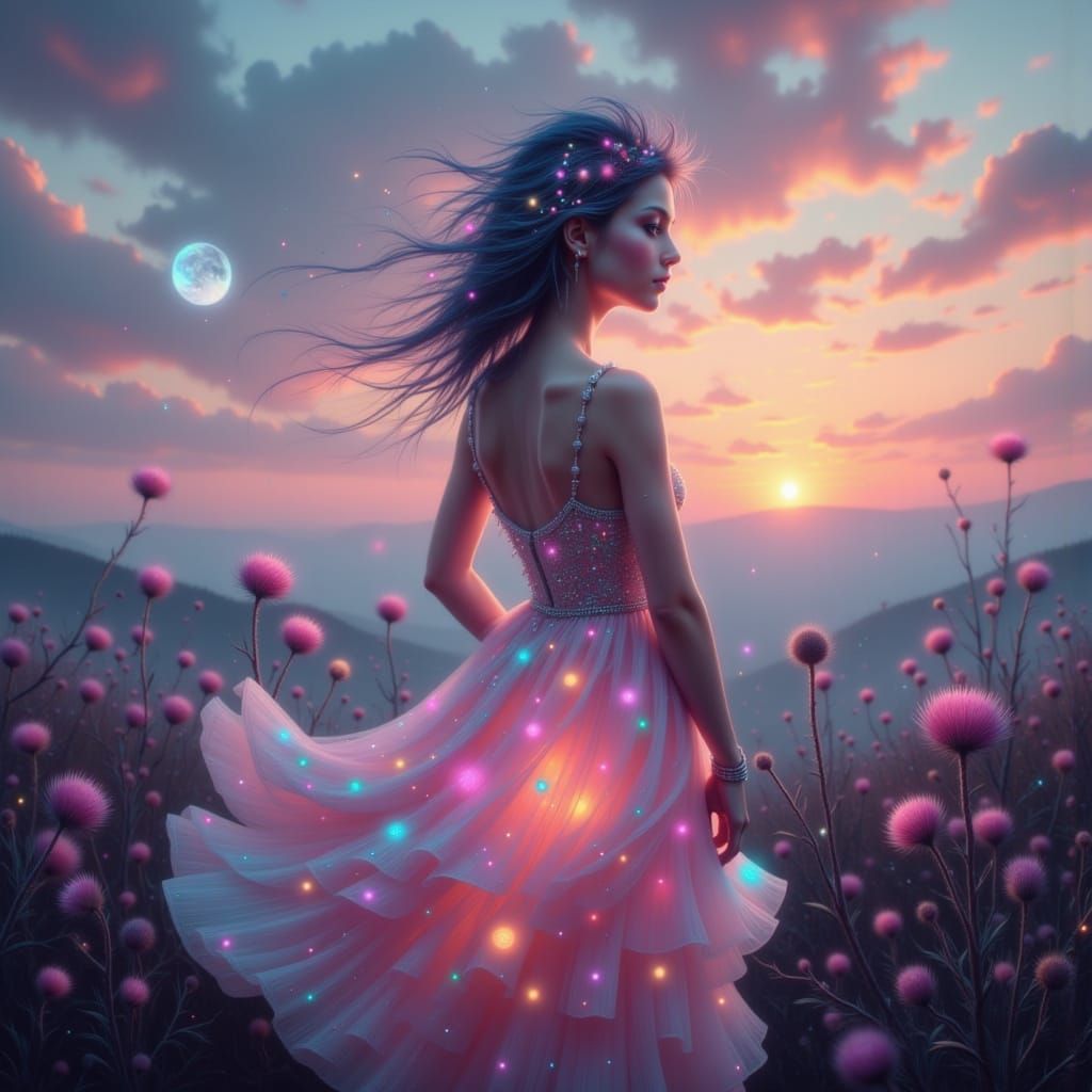 synthetic moonbeams fade—
iridescent morning mist rises—
taf...