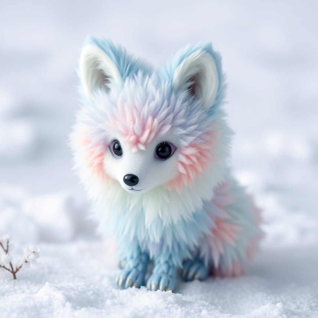 Pastel Pom Pom Arctic Fox in Snowy Scene