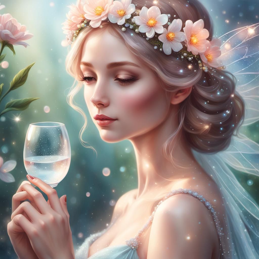 Ethereal Fairy Contemplates Glass in Cell-Shaded Style