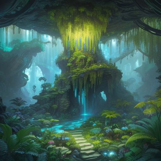Lush Cave with Crystalline Formations, Fantasy Art