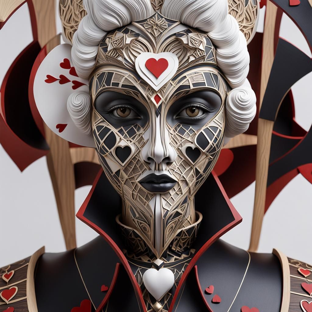 Queen of Hearts Sculpture in Japanese Wood