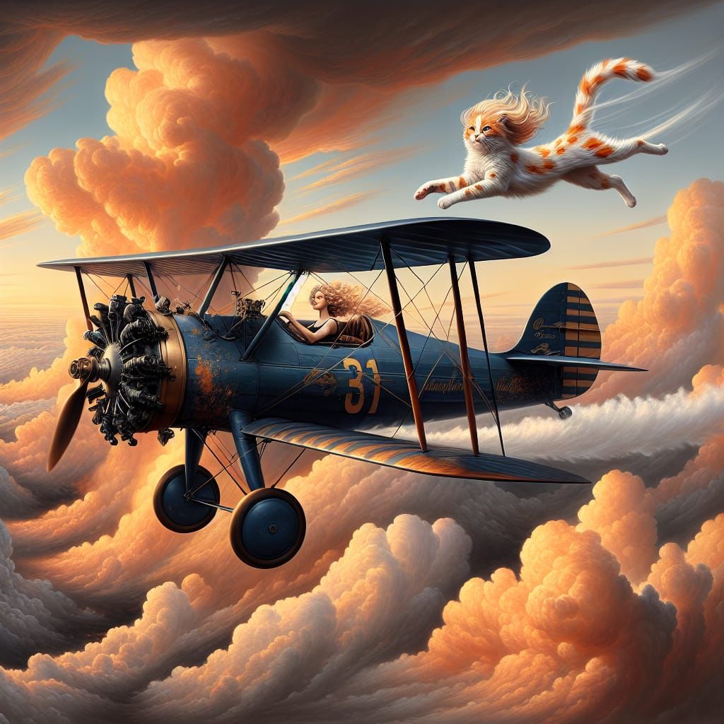 bi plane in the sky, cat doing aerobics on the wing