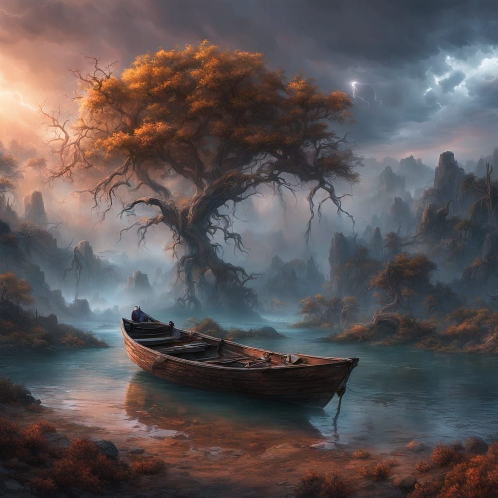 Surreal Stormy Lagoon with Lonely Boat and Leaning Tree