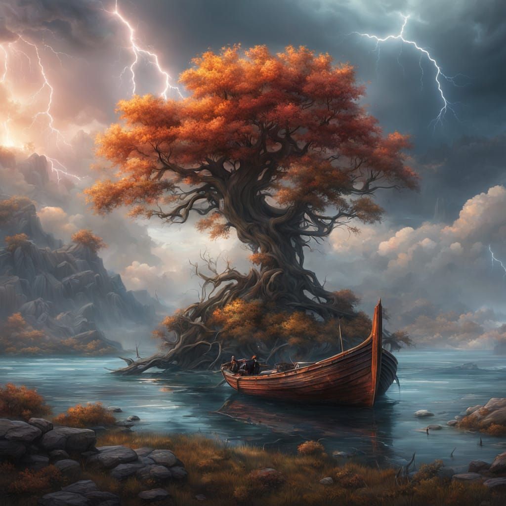 Dramatic Stormy Lagoon Scene in Dark Ethereal Fantasy Style